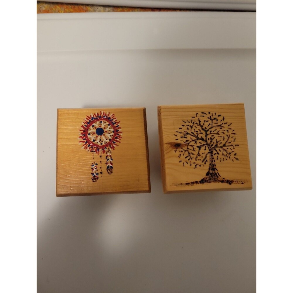 2 Vintage Light Blonde Wooden Carved Boxes- Dream Catcher And Tree, 3" x 2"